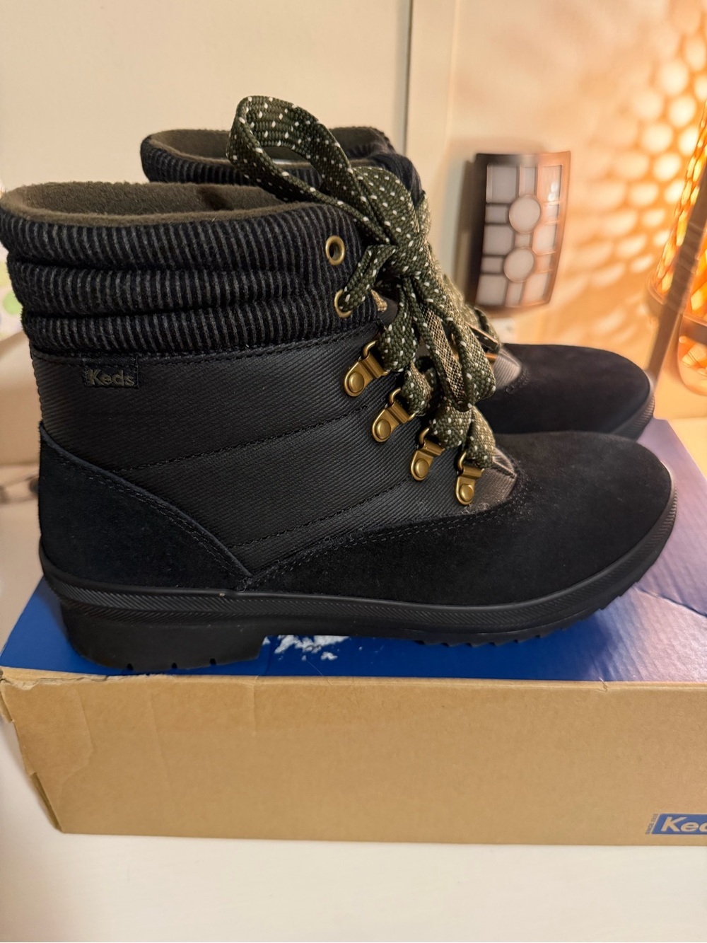 Keds Black Quilted Ankle Boots with Olive Laces